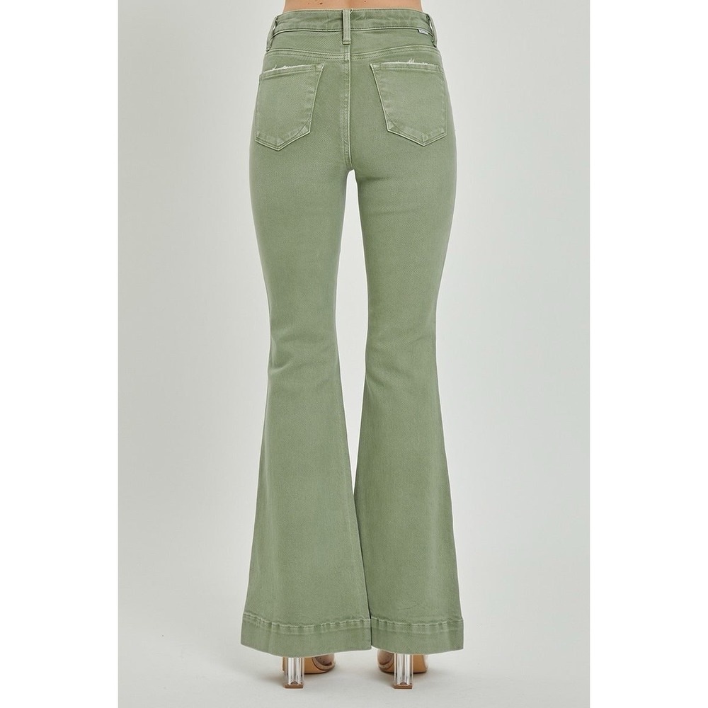 Risen - High Rise Patch Pocket Bell Bottom Jeans Size 0/24 Inseam 32" Olive - Picture 3 of 12